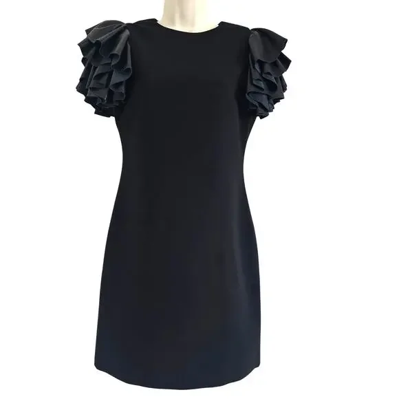 Alice + Olivia Black Eunice Vegan Leather Ruffle-sleeve Mini Dress Size 2 LBD - Picture 2 of 8